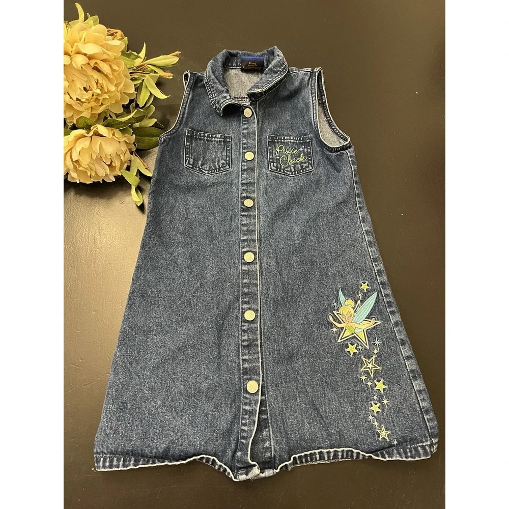 Disney Classic Y2K Blue Jean Embroidered Snap Up Tinker Bell Dress Girls Sz 7/8